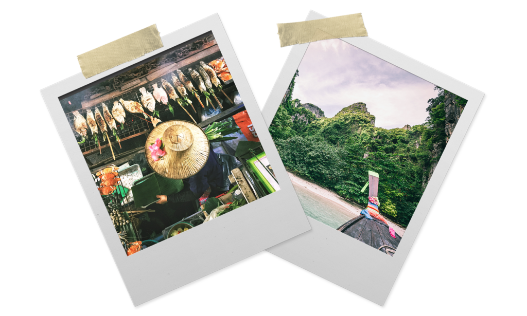 photo effet polaroid avec vendeuse de nourriture et ile phi phi en thaïlande